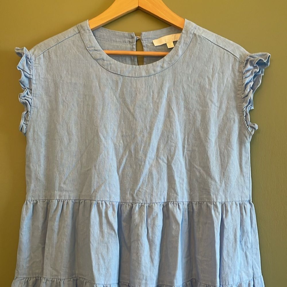 Adyson Parker Linen Blend Tiered Mini Shift Dress Blue Sz M Summer Preppy - Picture 3 of 8